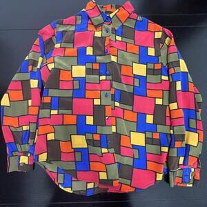 Vtg Y2K 90s Allison Taylor Geo Colorblock Silk Blouse M Abstract Cubism Pop Art